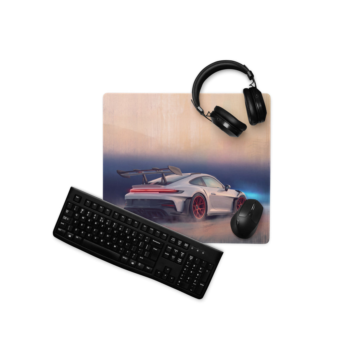 Porsche 911 gt3 rs inspired low-friction cloth gaming mousepad with vibrant white car illustration and crimson accents