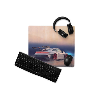 Porsche 911 gt3 rs inspired low-friction cloth gaming mousepad with vibrant white car illustration and crimson accents