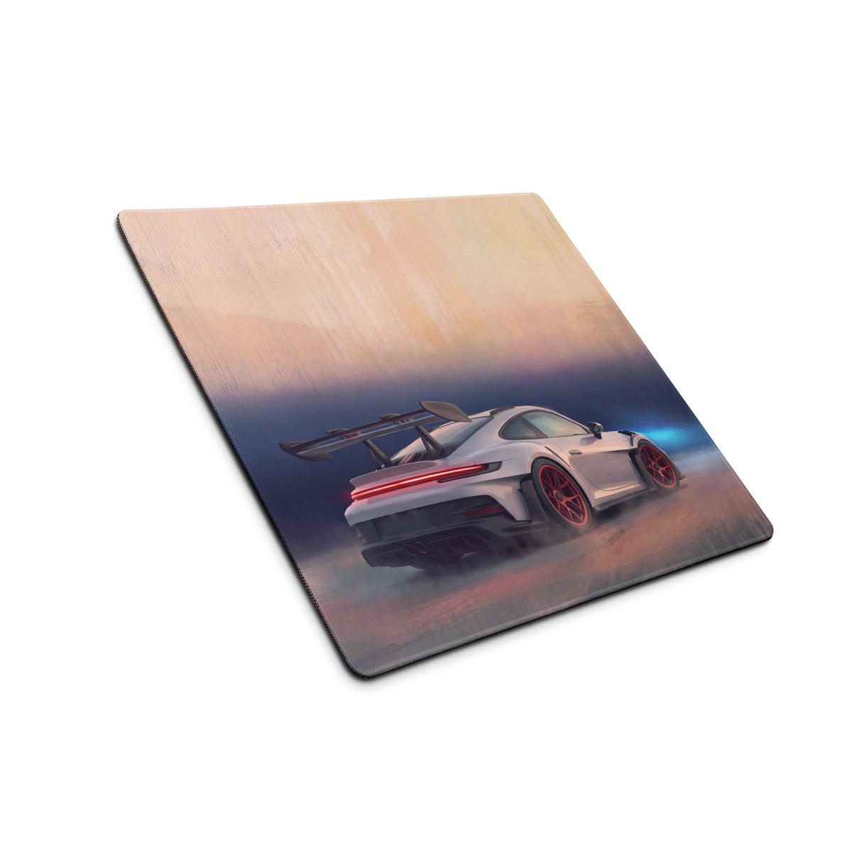 White porsche 911 gt3 rs inspired chalk crimson accent low-friction cloth desk mat with rear spoiler design