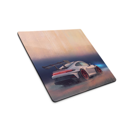 White porsche 911 gt3 rs inspired chalk crimson accent low-friction cloth desk mat with rear spoiler design