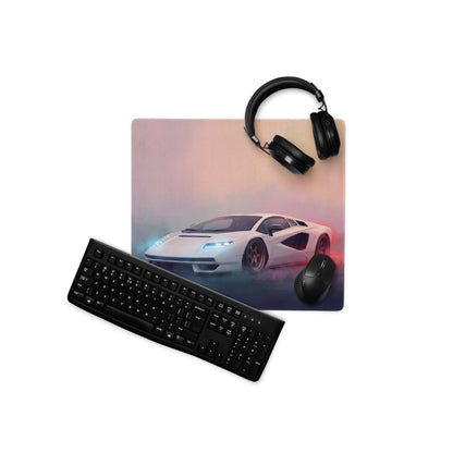 Lamborghini countach inspired pearl bronze extended non-slip desk pad with white sports car graphic and pink blue gradient background