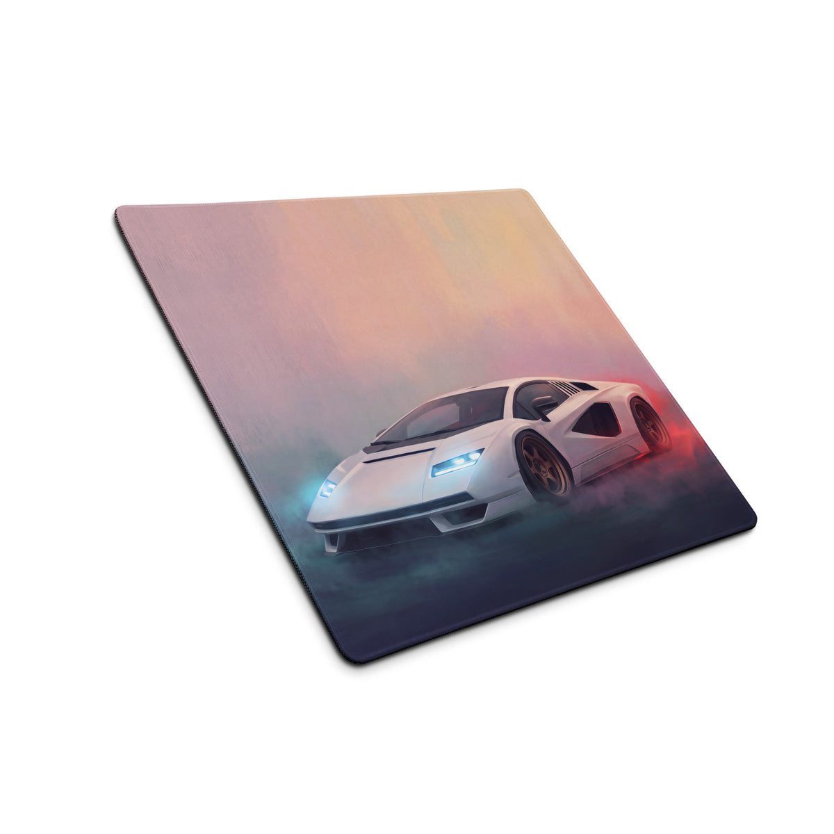 Lamborghini countach inspired pearl bronze extended non-slip mousepad with white sports car graphic and pink orange blue gradient