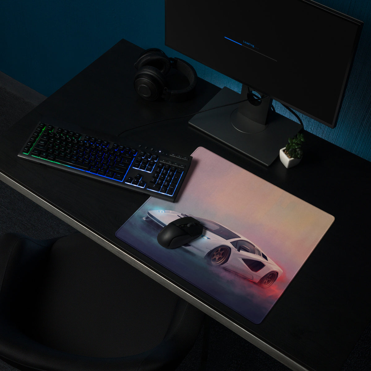 A sleek rectangular lamborghini countach inspired pearl bronze gaming mousepad with a vibrant gradient and white sports car design