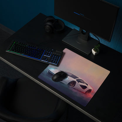 A sleek rectangular lamborghini countach inspired pearl bronze gaming mousepad with a vibrant gradient and white sports car design