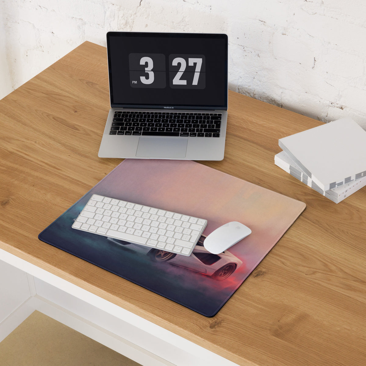Rectangular lambo countach inspired pearl bronze desk pad with white sports car on blue to pink gradient non slip mat