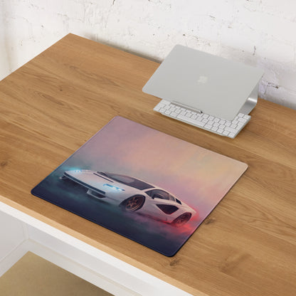 Lamborghini Countach inspired pearl bronze rectangular non-slip mousepad with white sports car graphic and gradient sky background