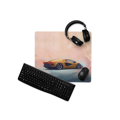 Yellow sports car graphic on lamborghini countach inspired giallo retro desk pad with stitched edge gaming mouse mat