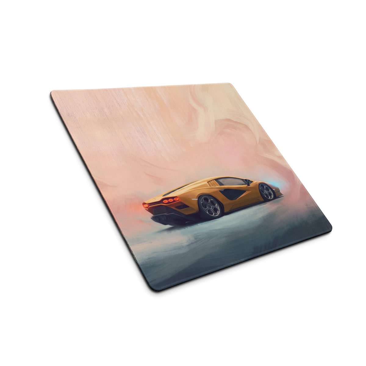 Yellow lamborghini countach inspired ultra-glide stitched edge desk pad featuring a sports car illustration