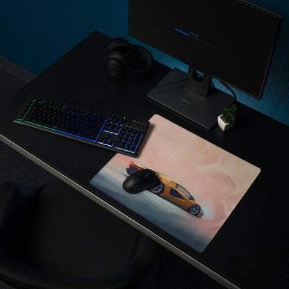 Lamborghini Countach inspired giallo retro gaming mousepad with vibrant yellow car and blue glowing wheel accents on soft gradient