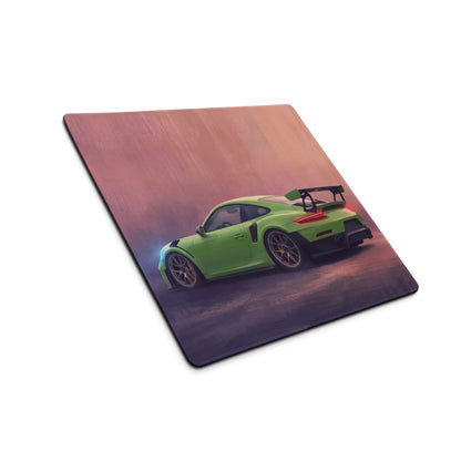 Vibrant lime green Porsche 911 GT3 RS graphic printed on a low-friction cloth rectangular mousepad with rounded corners