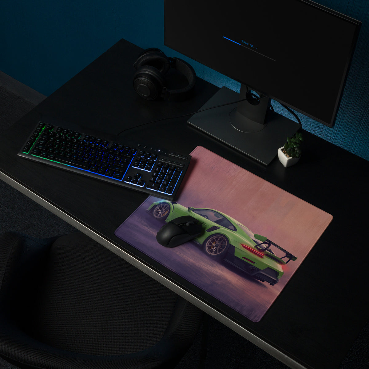 A rectangular low-friction cloth gaming mousepad featuring a lime green porsche 911 gt3 rs sports car design