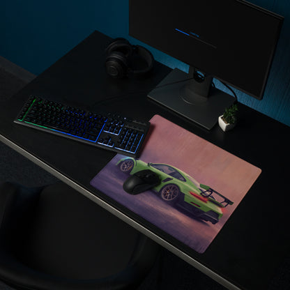 A rectangular low-friction cloth gaming mousepad featuring a lime green porsche 911 gt3 rs sports car design
