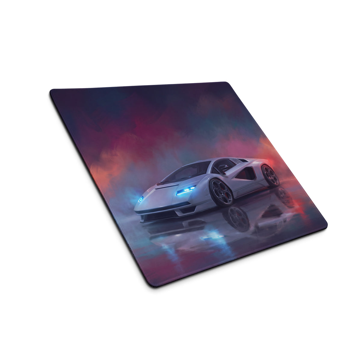 Lamborghini countach inspired pearl reflection desk pad with white sports car and blue headlights on red purple background