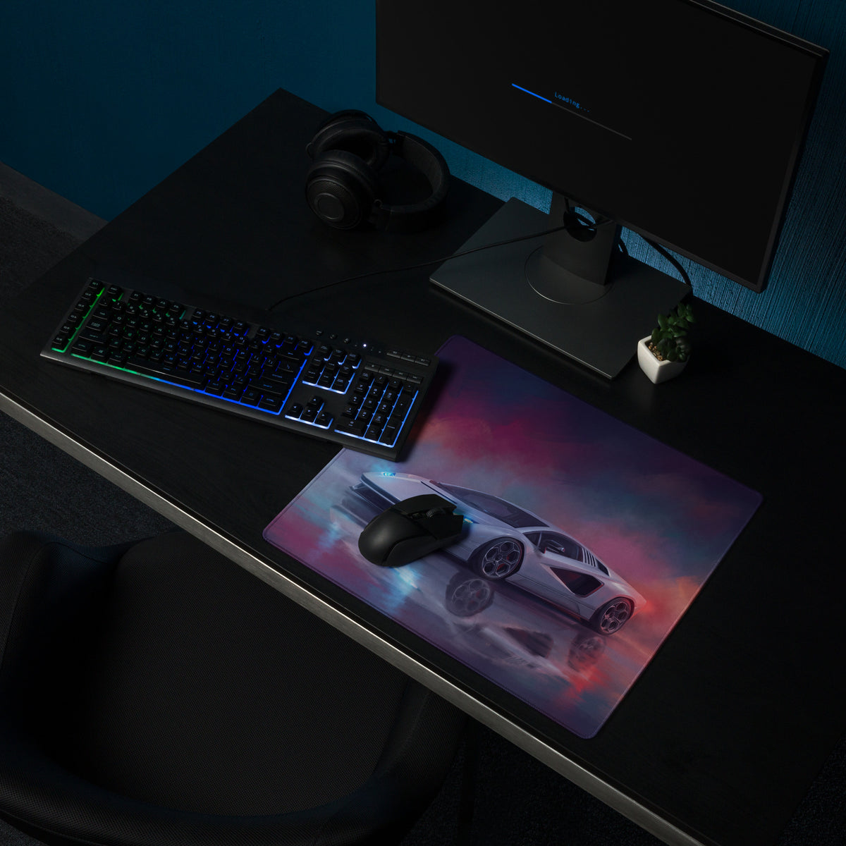 Lamborghini countach inspired extended non slip gaming mousepad with vibrant white sports car on pink purple nebula background