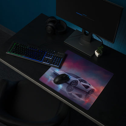 Lamborghini countach inspired extended non slip gaming mousepad with vibrant white sports car on pink purple nebula background