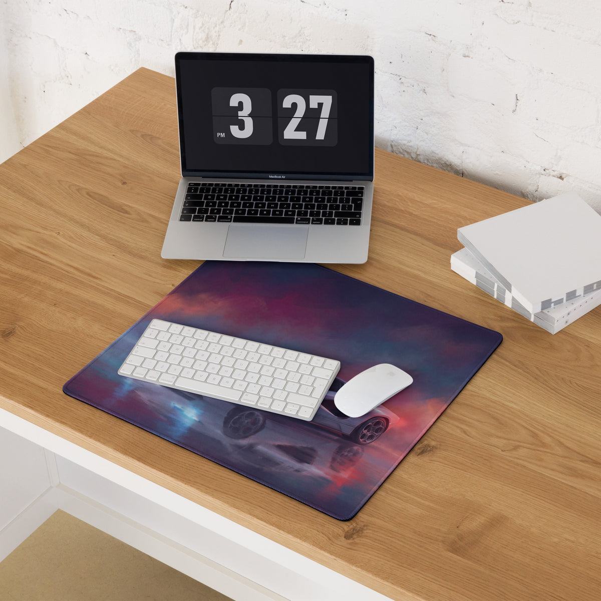 A rectangular non-slip gaming mousepad featuring a vibrant cosmic car design in deep purples blues and reds