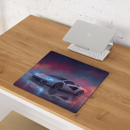 A sleek rectangular lamborghini countach inspired pearl reflection desk pad with a white sports car on a purple nebula background