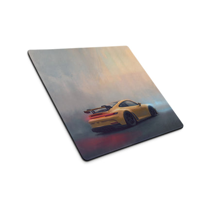 Yellow porsche 911 gt3 inspired speed desk mat with misty background high precision xl gaming mousepad