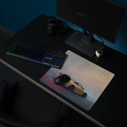 A rectangular high-precision xl gaming mousepad featuring a vibrant yellow porsche 911 gt3 inspired sports car design with red and blue lighting effects