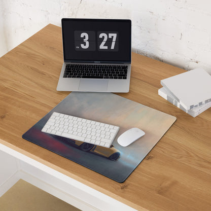 Rectangular xl gaming mousepad with a yellow porsche 911 gt3 inspired sports car on a racetrack with realistic detailing