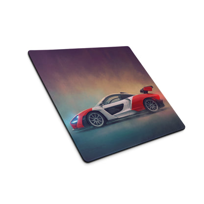 Rectangular low-friction cloth mousepad with red and white mclaren supercar graphic for desk setup use