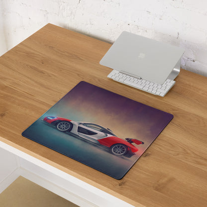 Rectangular low-friction cloth mousepad with vibrant red white and black mclaren senna graphic on purple to teal background