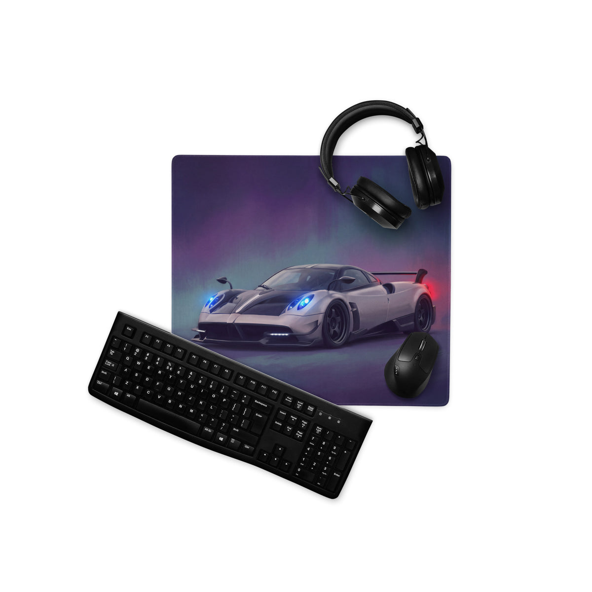 Pagani huayra inspired silver carbon desk pad with sleek sports car graphic and purple blue lighting effects