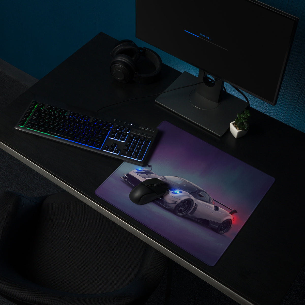 Pagani Huayra inspired silver carbon extended non-slip gaming mousepad with vibrant white sports car and blue red accents