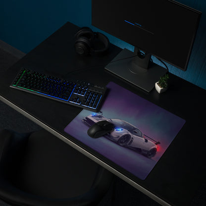 Pagani Huayra inspired silver carbon extended non-slip gaming mousepad with vibrant white sports car and blue red accents