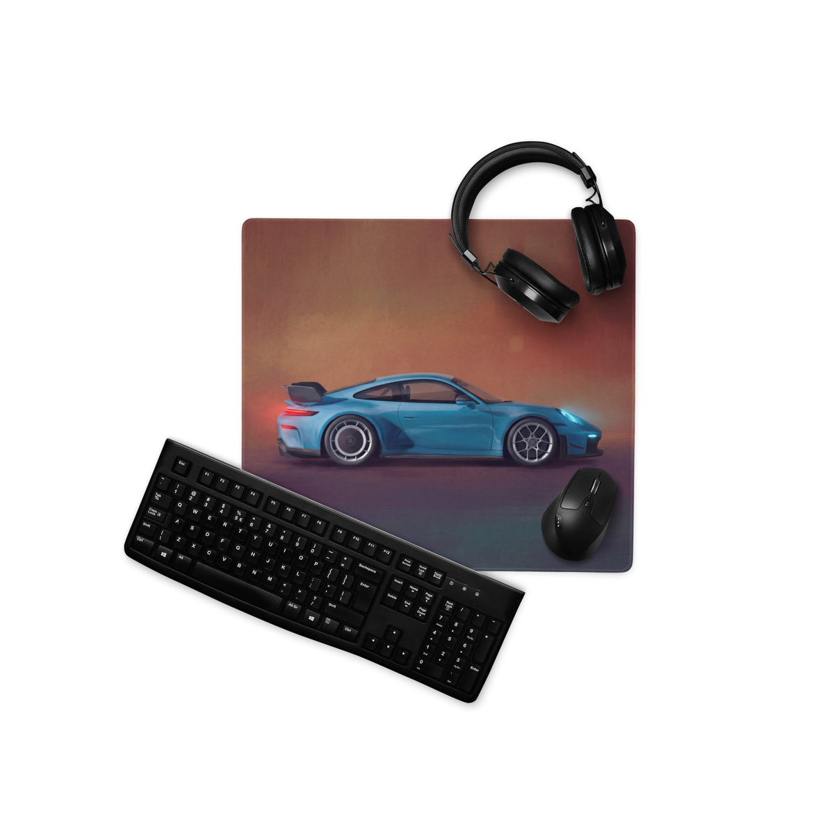 Blue porsche 911 gt3 inspired miami blue profile desk pad with ultra-glide stitched edge and sports car graphic