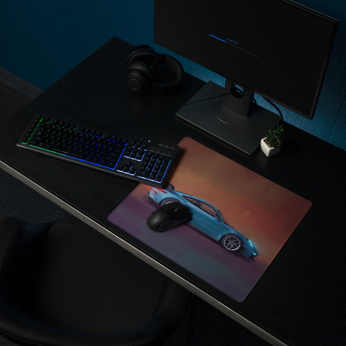 Blue sports car graphic on a rectangular stitched edge gaming mousepad inspired by porsche 911 gt3 miami blue