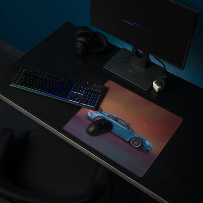 Blue sports car graphic on a rectangular stitched edge gaming mousepad inspired by porsche 911 gt3 miami blue