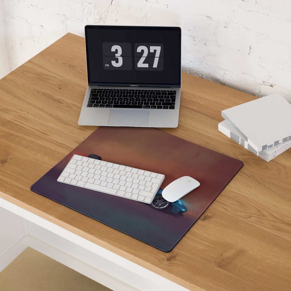 A sleek rectangular porsche 911 gt3 inspired miami blue desk pad with a purple to blue gradient and futuristic wheel design