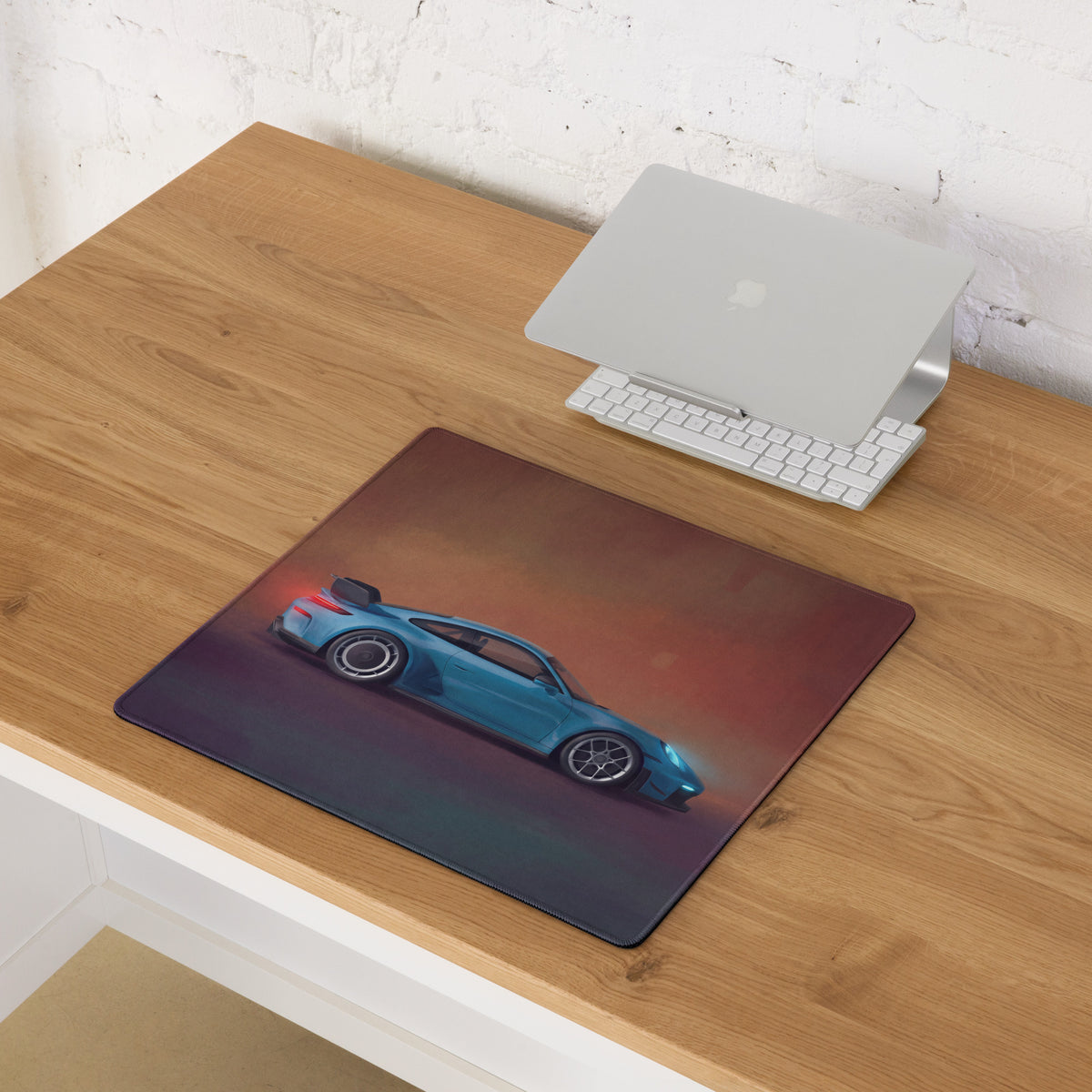 Blue Porsche 911 GT3 inspired Miami blue profile desk pad with ultra-glide stitched edge printed mousepad