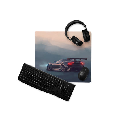 Black onyx track desk mat featuring a low-friction cloth surface with a sleek dark gray aston martin vulcan car design