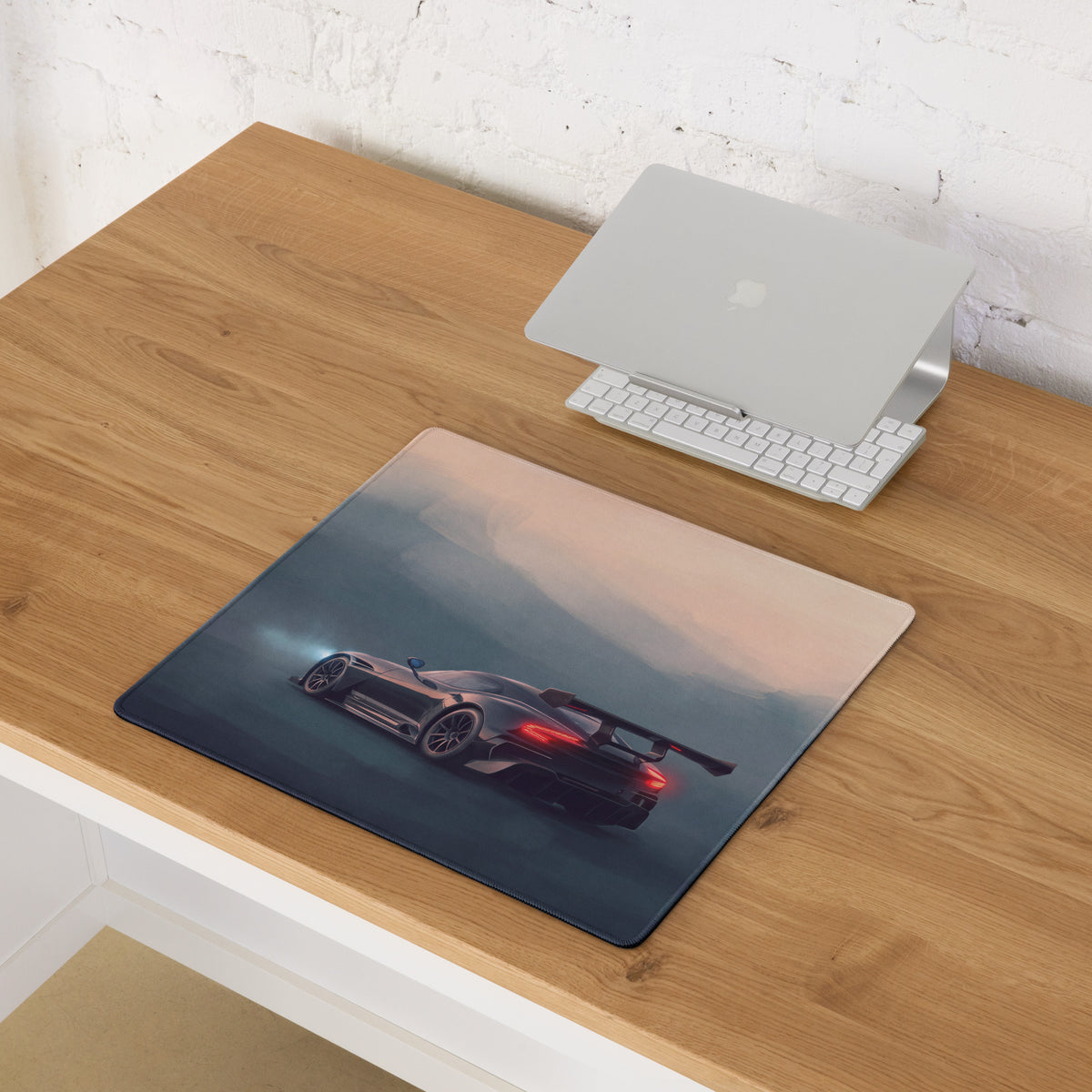 Rectangular low-friction cloth mousepad with sleek black and red aston martin vulcan sports car design on dark background