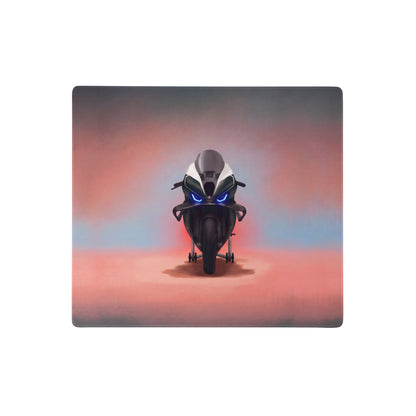 Bmw m1000rr inspired large gaming mousepad featuring a sleek black and white futuristic motorcycle with blue headlights