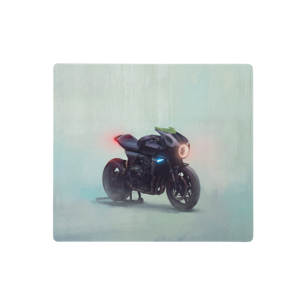 Custom cafe racer premium gaming mousepad with black motorcycle and glowing red and blue lights on a square coaster design
