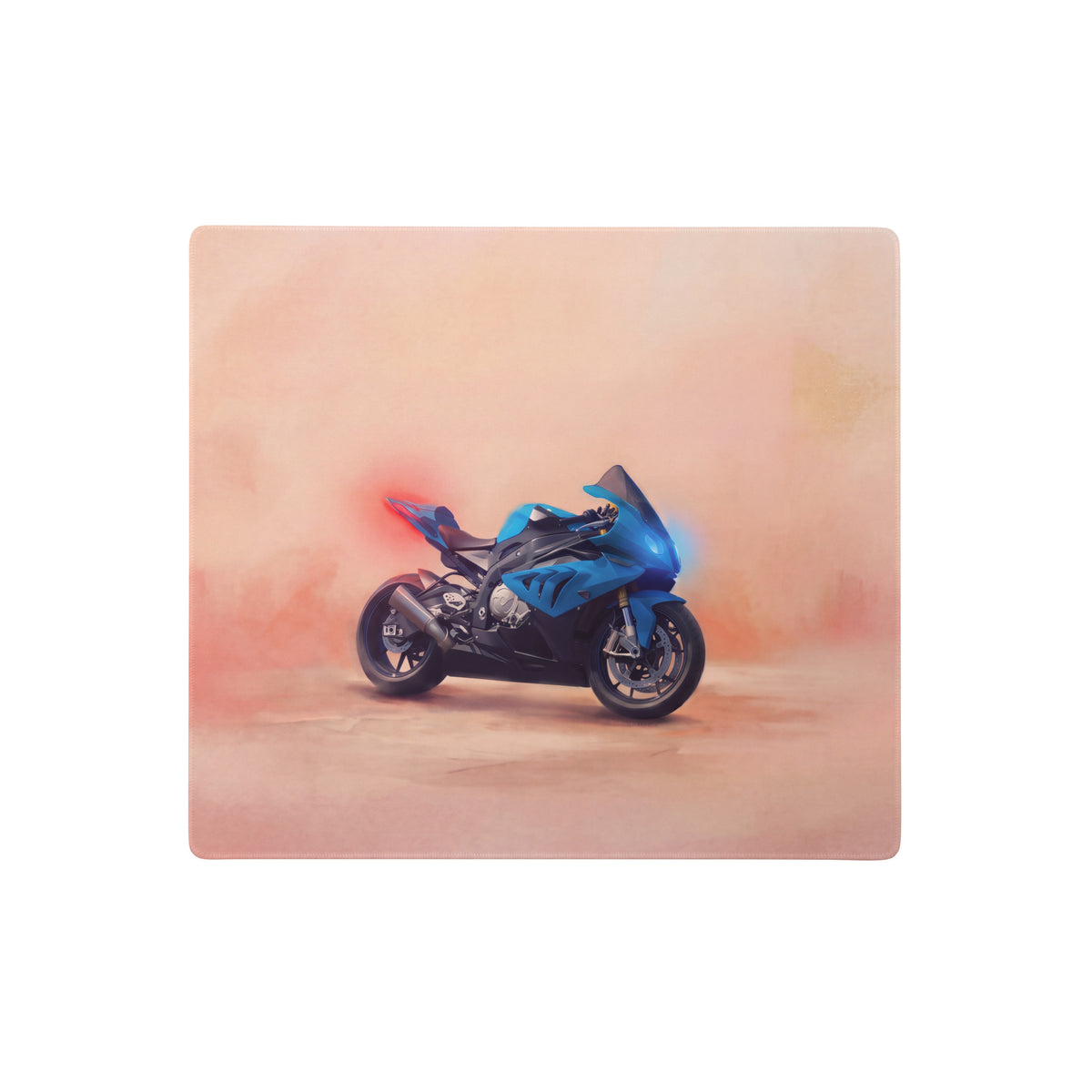 Blue sport motorcycle graphic on bmw s1000rr inspired large mouse pad with waterproof base and blue racing design