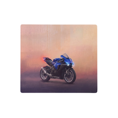 Blue and black yamaha yzf-r1 inspired sport motorcycle printed on rectangular wooden mousepad with smooth stitched edges