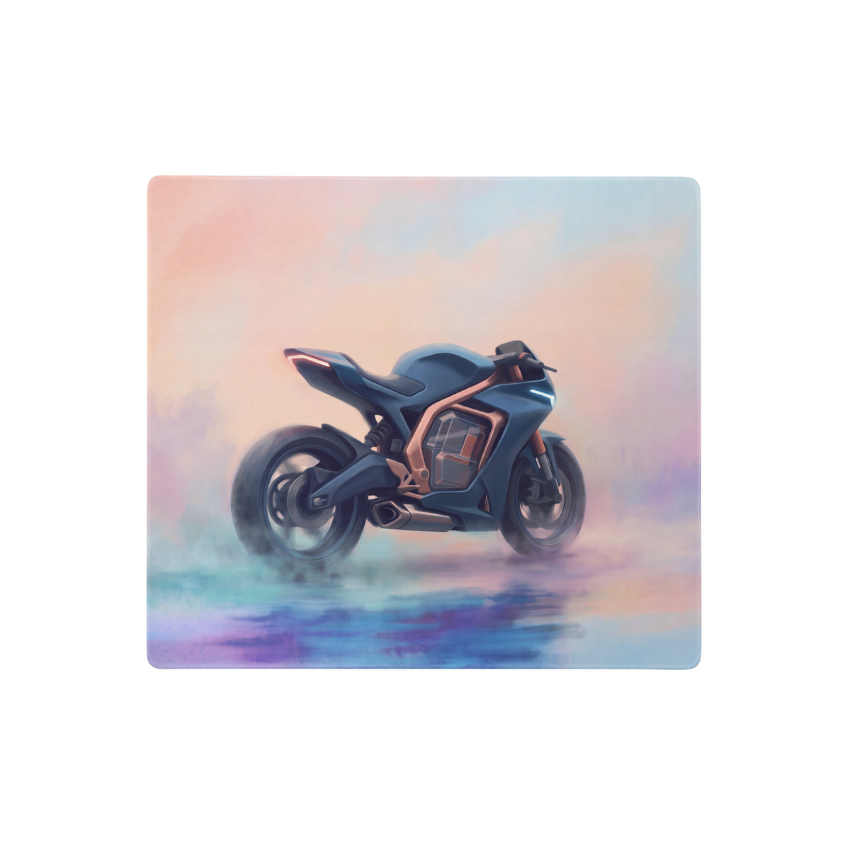 Concept motorcycle extended desk pad featuring a sleek matte blue and copper futuristic motorcycle illustration