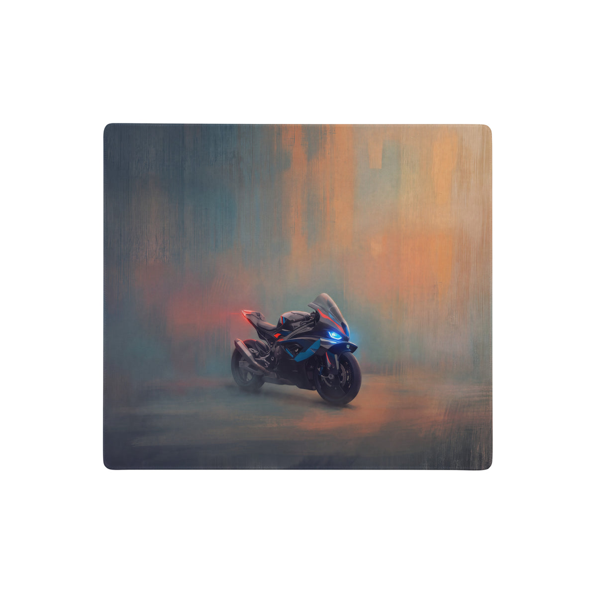 Bmw m1000rr inspired oversized gaming mousepad with stitched edges and a sleek black and blue sport motorcycle design
