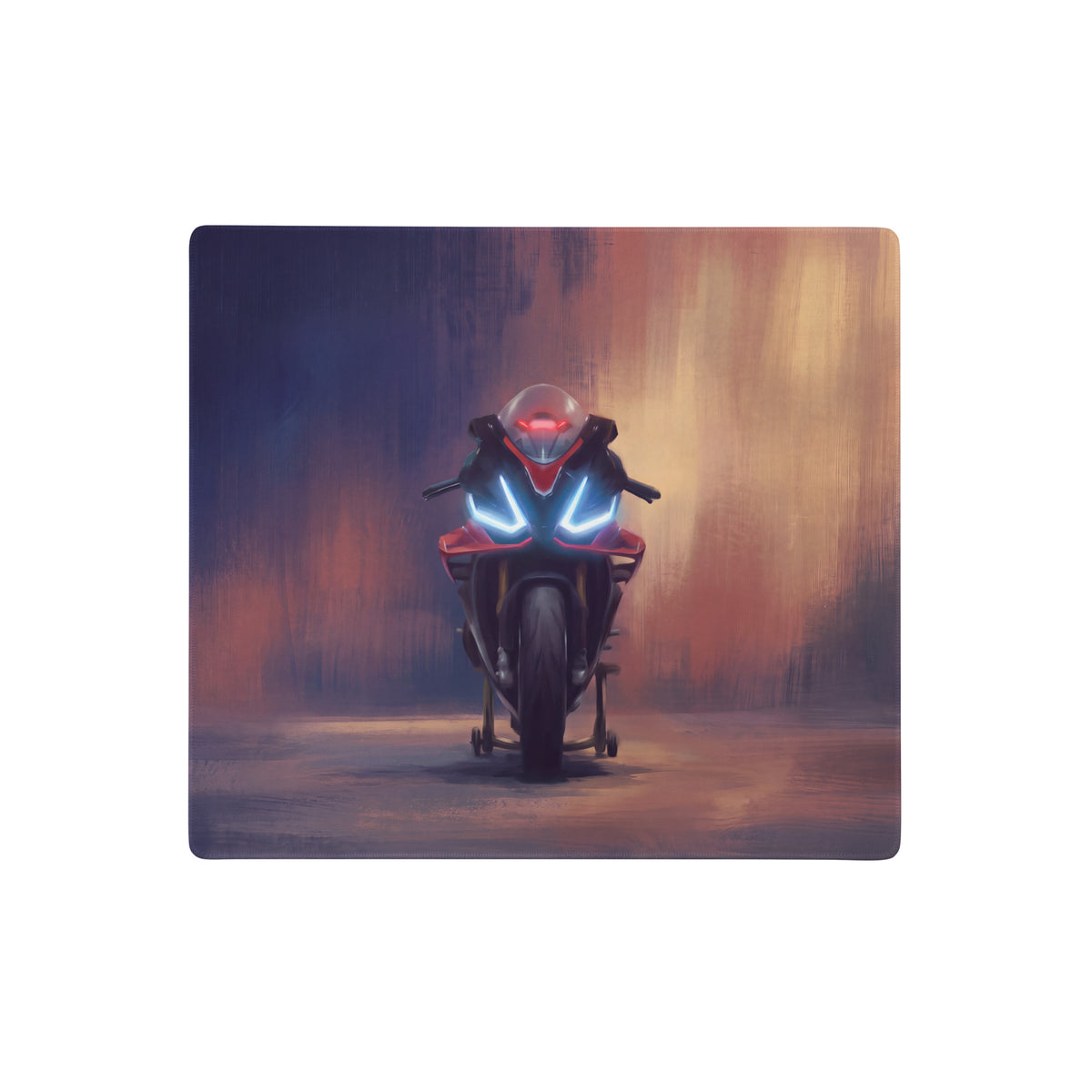 A sleek red and black aprilia rsv4 inspired large desk pad with glowing blue headlights for gaming setup