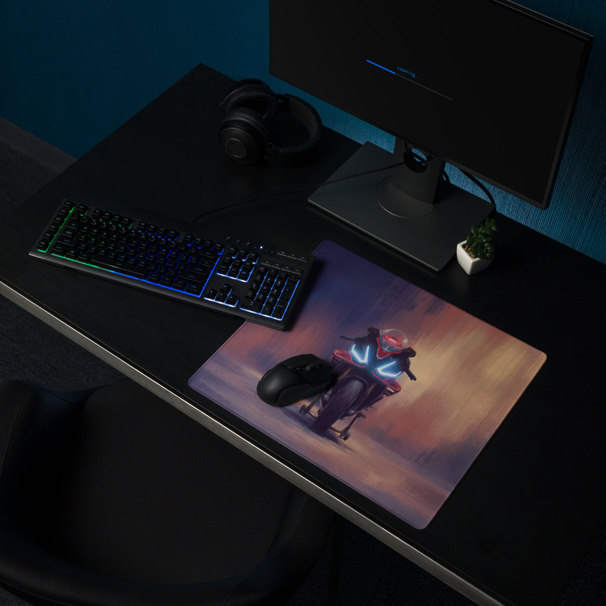 Rectangular aprilia RSV4 inspired gaming mousepad with vibrant futuristic motorcycle rider and glowing blue accents