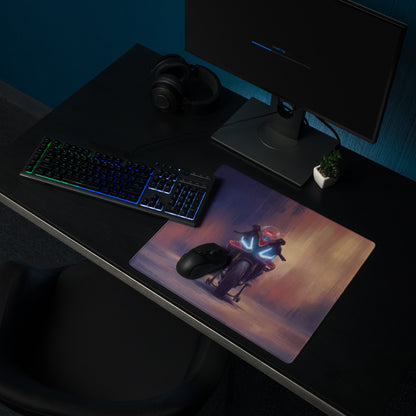 Rectangular aprilia RSV4 inspired gaming mousepad with vibrant futuristic motorcycle rider and glowing blue accents