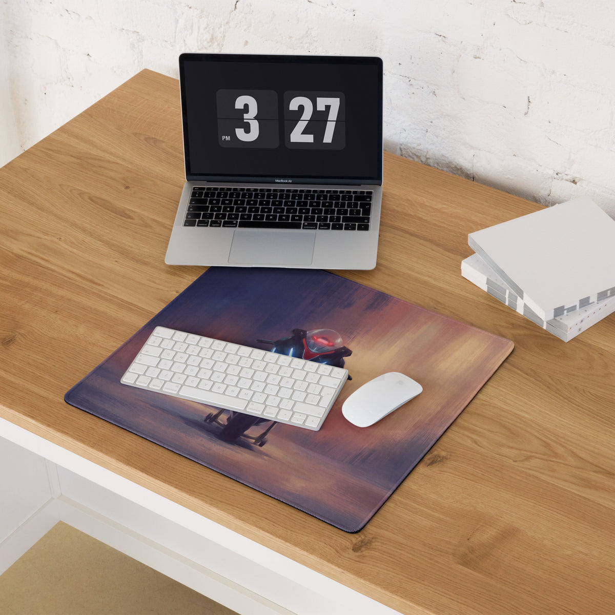 Aprilia rsv4 inspired large gaming mousepad with futuristic mech illustration and purple orange gradient sunset design