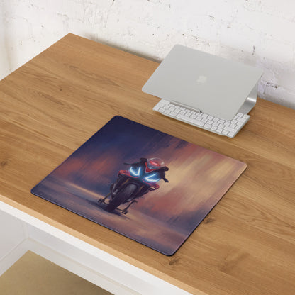Rectangular aprilia RSV4 inspired mousepad with vibrant red motorcycle and glowing blue headlights for gaming setup