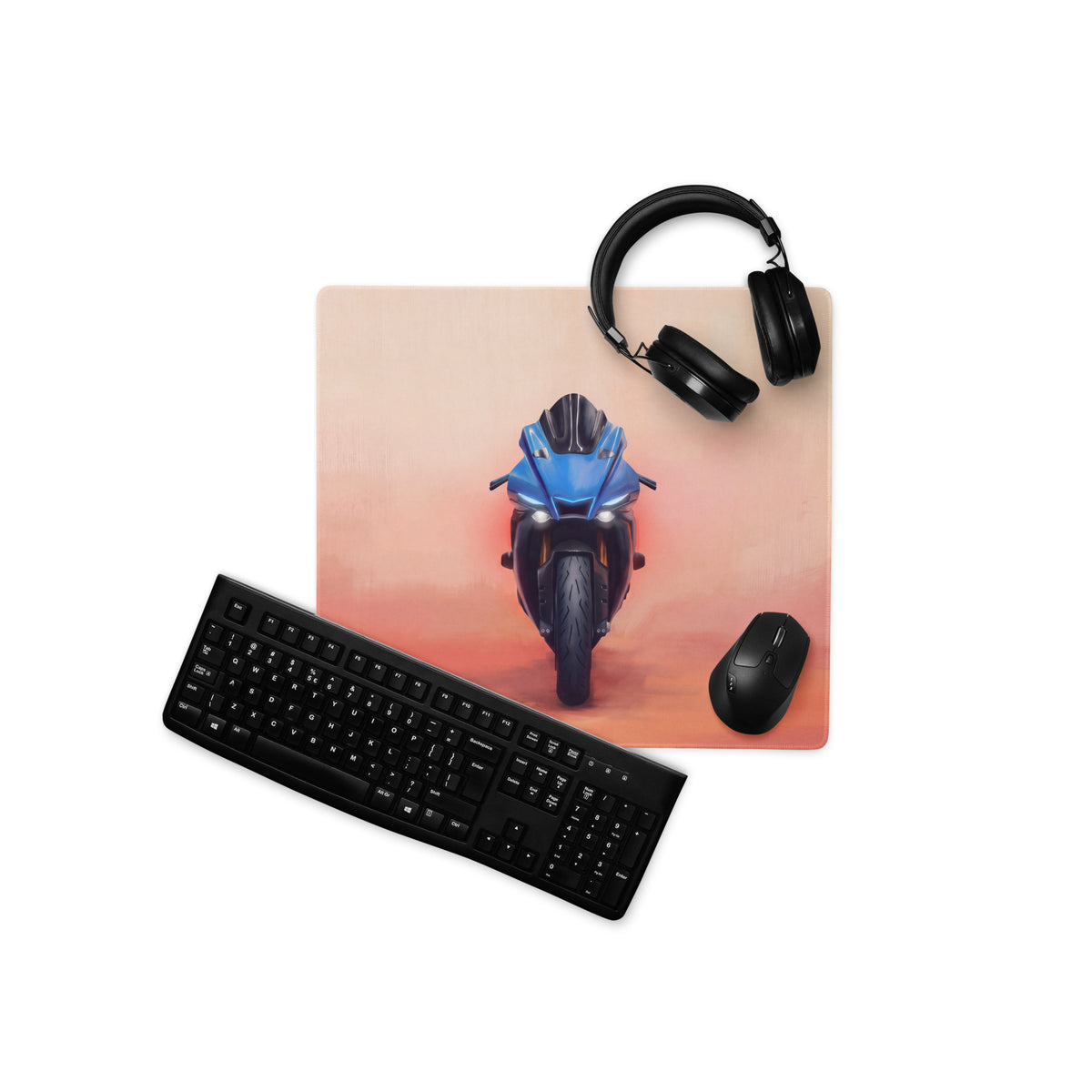 Blue motorcycle graphic yamaha r1 inspired extra large mouse pad with gradient peach and orange background for pc setup