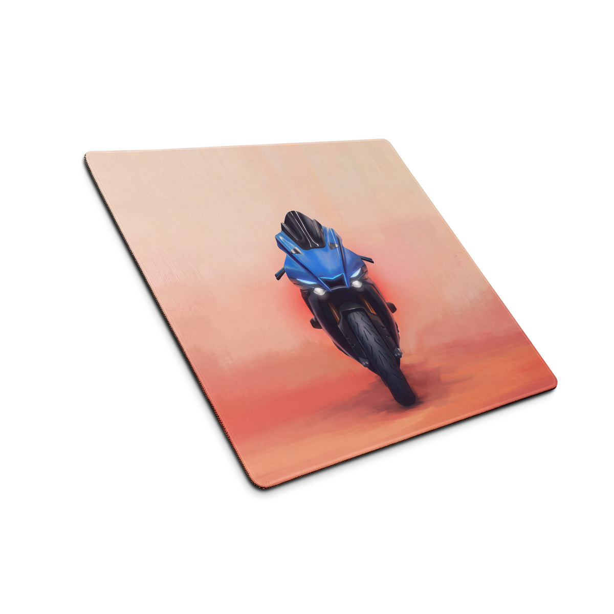 Yamaha R1 inspired extra large mouse pad with blue sport motorcycle graphic on orange gradient background for PC setup