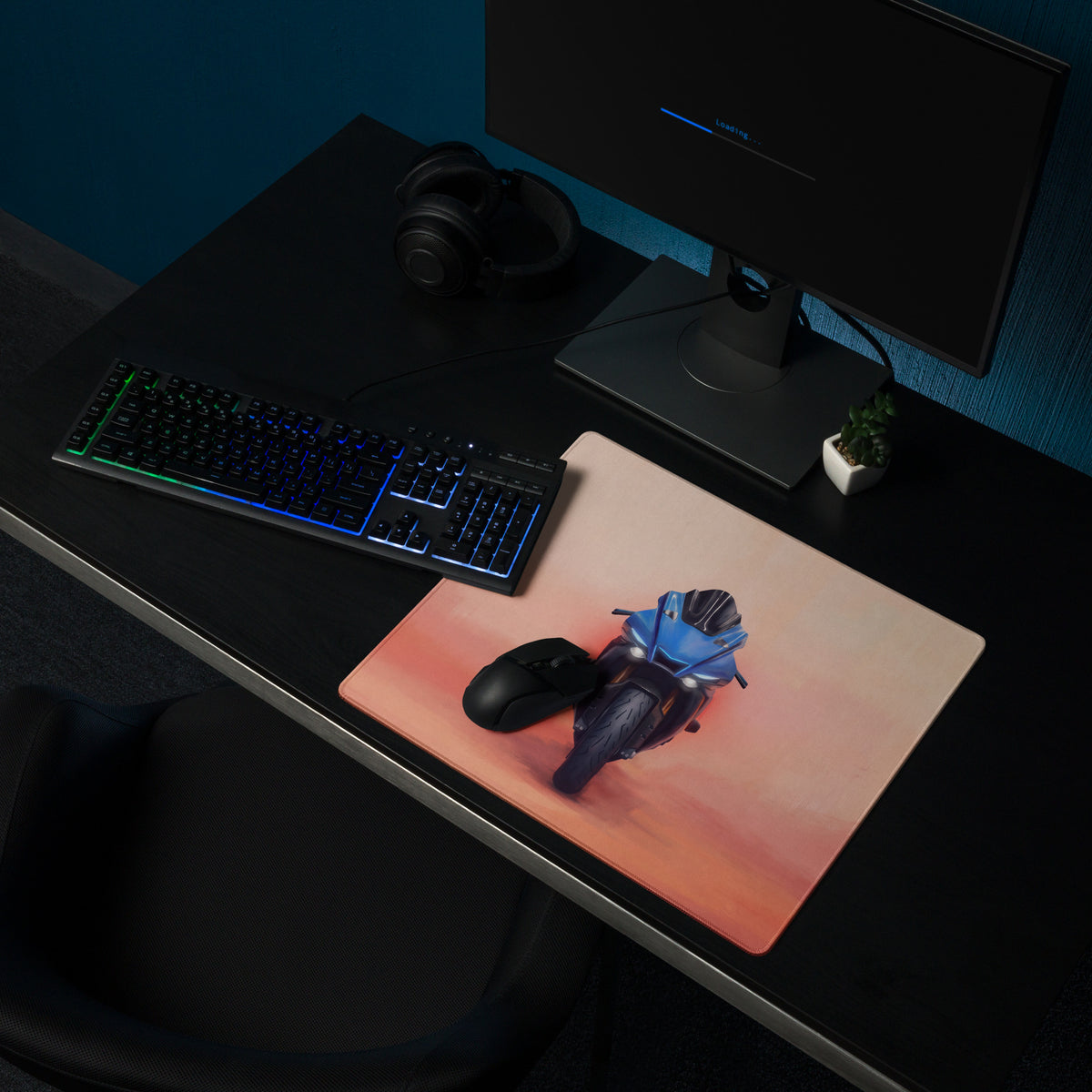 Yamaha r1 inspired extra large mouse pad with blue motorcycle graphic and gradient orange pink sunset background